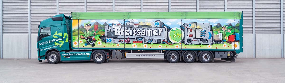 Sattelzug mit individuellem, industriellen Graffiti auf dem Auflieger der Firma Breitsamer